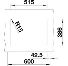 Schéma technique d''un évier mesurant 600 x 515 x 386 mm et d''un rayon de 15 mm