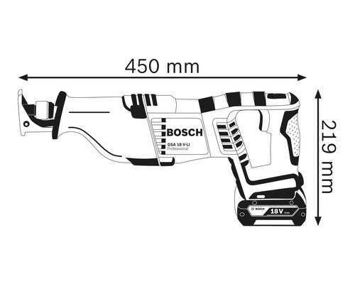 Illustration des dimensions de la scie sabre, 450 mm de long et 219 mm de haut