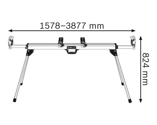 Bosch Werkbank mit den Maßen 1578 bis 3877 mm Breite und 824 mm Höhe