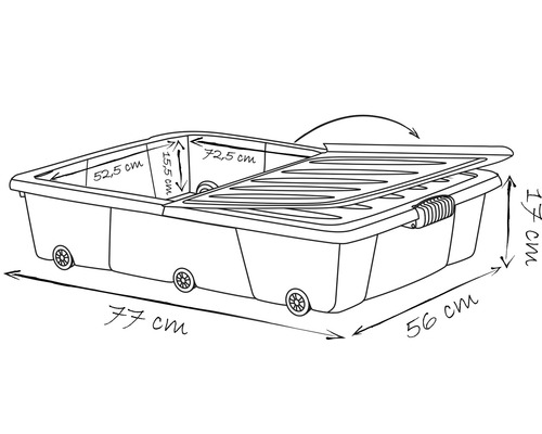 Illustration d''une boîte de rangement avec couvercle et roulettes avec dimensions
