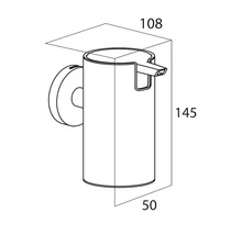 Technische Zeichnung eines Seifenspenders mit Wandhalterung und Maßangaben.