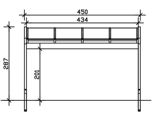 Dessin technique d''une étagère avec les dimensions 450, 434, 287 et 201.
