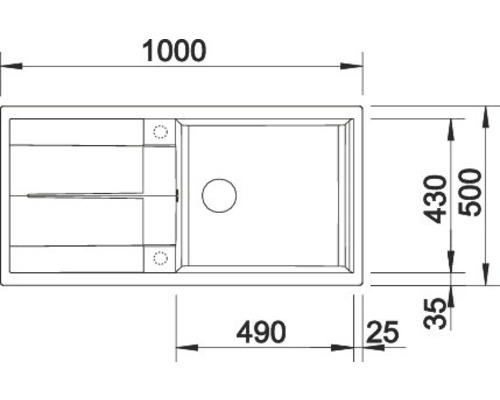 Zeichnung einer Spüle mit Maßangaben