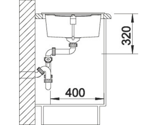 Skizze einer Spüle mit Abmessungen 400 mal 320 Millimeter