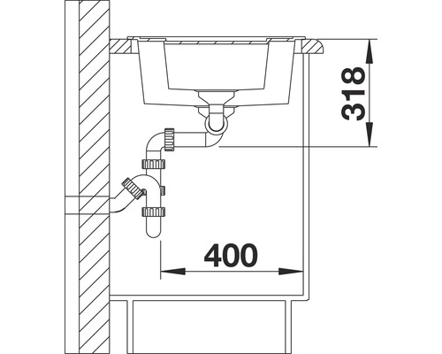 Zeichnung einer Spüle mit Abmessungen für die Installation