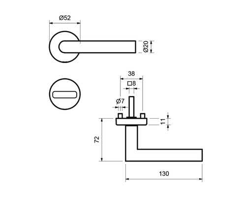 Schéma technique d''une poignée de porte avec indications de dimensions