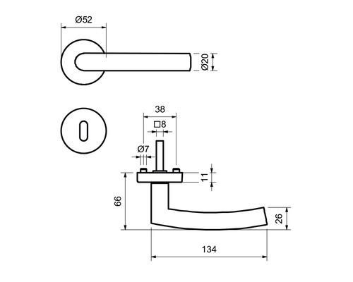 Technische Zeichnung eines Türdrückers mit Maßen