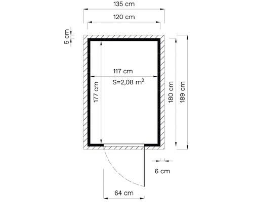 Technische Zeichnung eines Raumes mit Tür und Maßangaben in Zentimetern