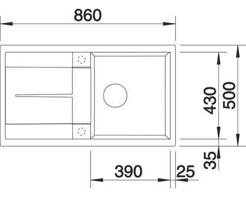 Zeichnung einer Spüle mit den Maßen 860 x 500 Millimeter