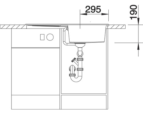 Skizze eines Spültisches mit Abmessungen 295 und 190 Millimeter.