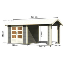 Abbildung eines Gartenhauses mit den Maßen 527 cm Breite, 242 cm Höhe, 244 cm Tiefe und 240 cm für den offenen Bereich.
