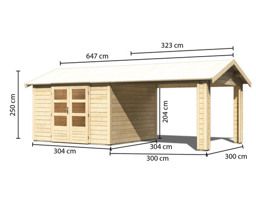 Holzgartenhaus mit Carport und Maßangaben
