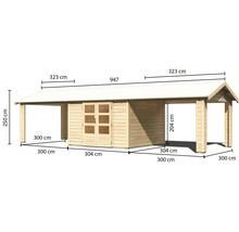 Gartenhaus Karibu Theresa 7 inkl. 2 Dachausbauelementen 947 x 348 cm natur