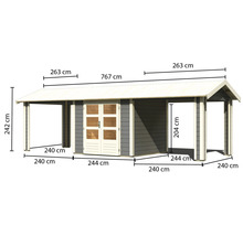 Gartenhaus Karibu Theresa 3 inkl. 2 Dachausbauelementen 767 x 288 cm terragrau