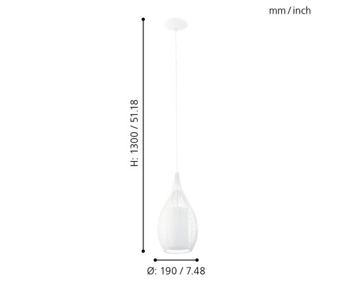 Weiße Pendelleuchte mit den Maßen Höhe 1300 Millimeter, Durchmesser 190 Millimeter