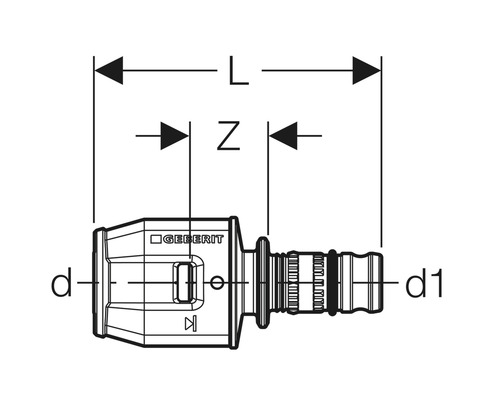 Technische Zeichnung eines Geberit Geräteanschlusswinkels mit Maßangaben