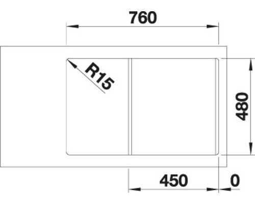 Schéma technique d''un évier avec des dimensions de 760, 480 et 450 millimètres