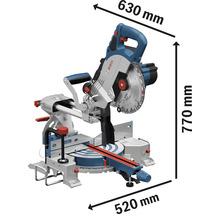 Scie à onglet avec les dimensions suivantes : 630 mm de largeur, 770 mm de hauteur et 520 mm de profondeur.