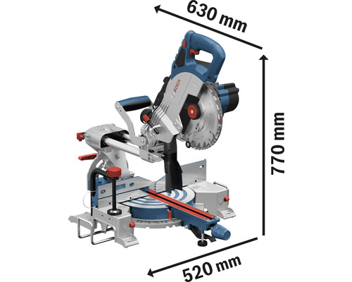 Scie à onglet avec les dimensions suivantes : 630 mm de largeur, 770 mm de hauteur et 520 mm de profondeur.