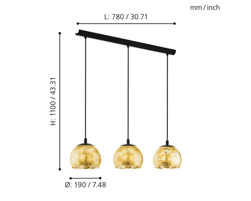 Suspension avec trois lampes et indications de dimensions