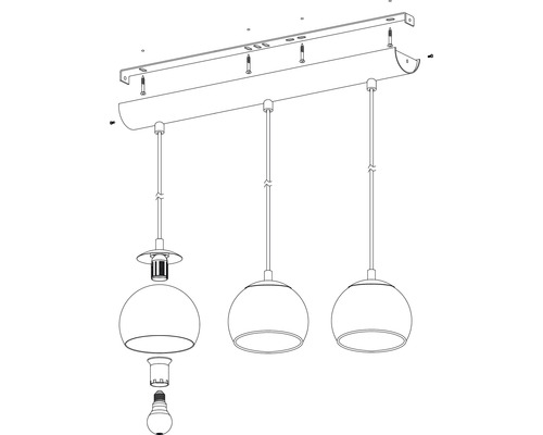 Schéma éclaté d''une suspension à trois lampes avec instructions de montage