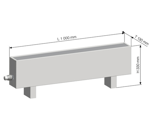 Zeichnung eines Heizkörpers mit den Maßen 1000 mm Länge, 130 mm Tiefe und 330 mm Höhe