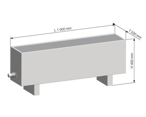 Radiateur aux dimensions suivantes : 1 000 mm de longueur, 230 mm de profondeur et 400 mm de hauteur.