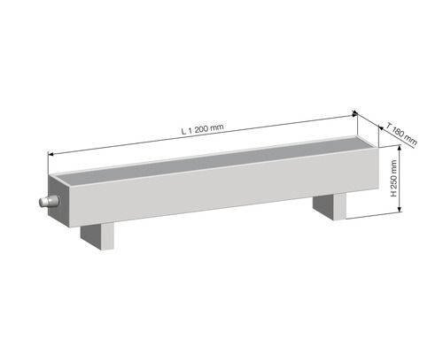 Dimensionsdarstellung einer 1200 mm langen, 250 mm hohen und 180 mm tiefen Tränke