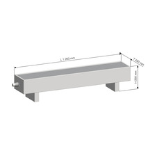 Image d''un bac rectangulaire avec des dimensions de 1200 x 230 x 250 millimètres.