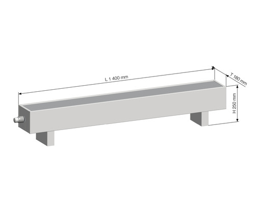 Technische Zeichnung einer Pflanzwanne mit den Maßen 1400 mm Länge, 180 mm Tiefe und 250 mm Höhe.