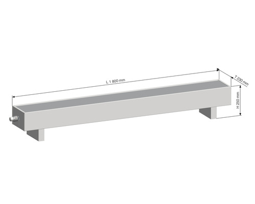 Zeichnung einer Zinkrinne mit den Maßen 1800 mm Länge, 230 mm Tiefe und 250 mm Höhe