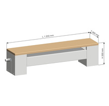 Schéma technique d''un banc avec des dimensions de 1200 mm de long, 265 mm de profondeur et 300 mm de haut.