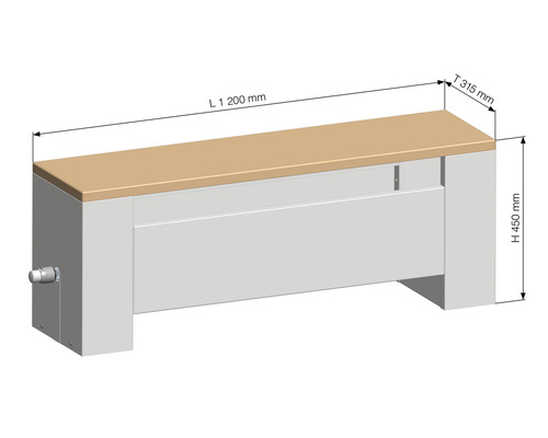 Cache-radiateur avec des dimensions de longueur 1200 mm, profondeur 315 mm et hauteur 450 mm