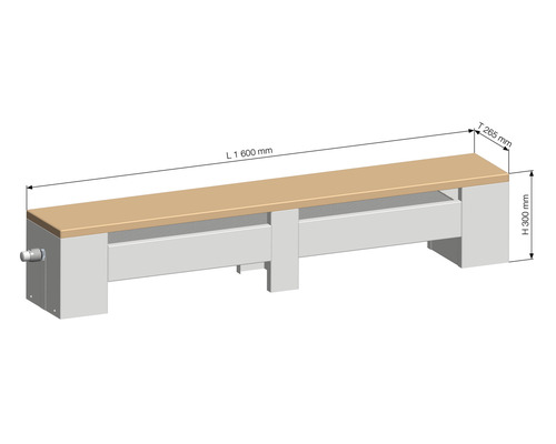 Banc avec des dimensions de 1600 mm de longueur, 265 mm de profondeur et 300 mm de hauteur.