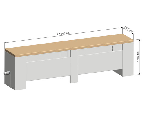 Technische Zeichnung einer Heizkörperverkleidung mit den Maßen Länge 1600 mm, Tiefe 315 mm und Höhe 450 mm.