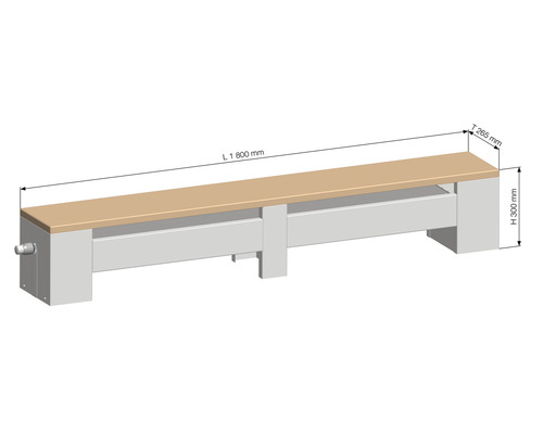 Représentation d''un établi avec des dimensions de 1800 mm de longueur, 265 mm de profondeur et 300 mm de hauteur.