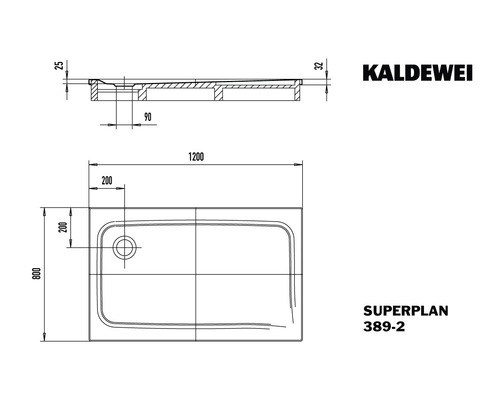 Technische Zeichnung einer Kaldewei Superplan Duschwanne mit Maßangaben.