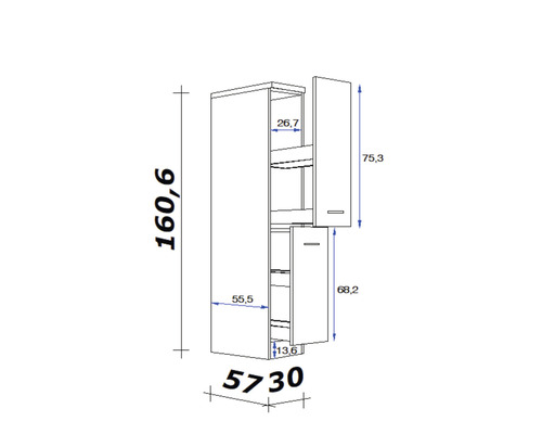 Technische Zeichnung eines Hochschranks mit Maßen