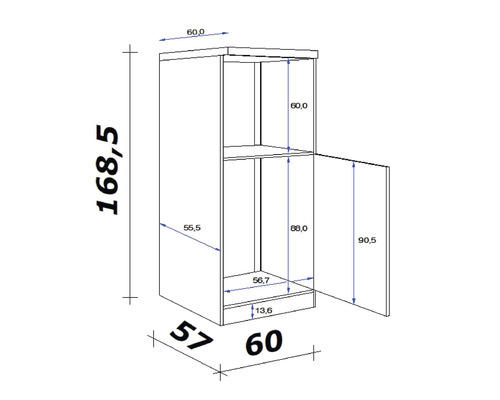 Schéma coté de l''armoire avec indication de la hauteur, de la largeur et de la profondeur