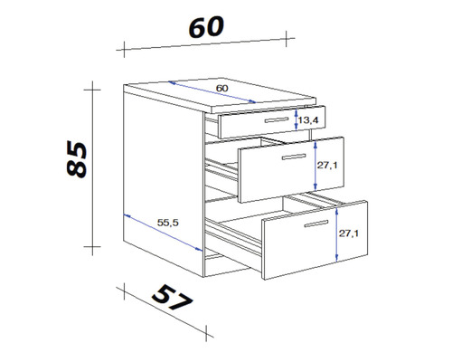 Schéma technique d''une commode à tiroirs avec dimensions