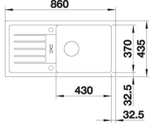 Zeichnung einer Küchenspüle mit den Maßen 860 x 435 Millimeter