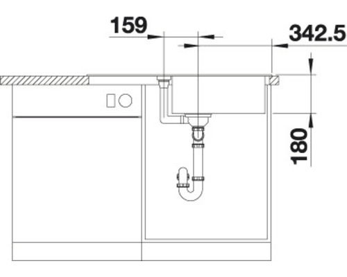 Maßzeichnung einer Küchenspüle mit Siphon und angrenzender Spülmaschine.