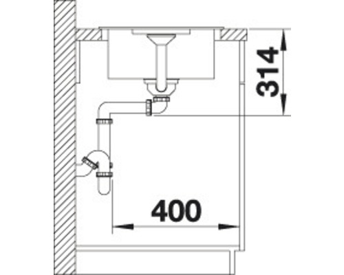 Technische Zeichnung einer Spüle mit Abfluss und Maßangaben 314 und 400.