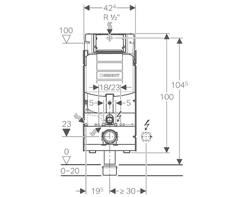 Schéma technique d''un réservoir de chasse Geberit avec dimensions