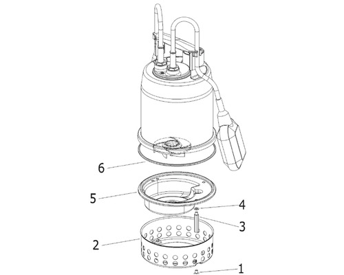 Explosionszeichnung einer Tauchpumpe mit nummerierten Einzelteilen.
