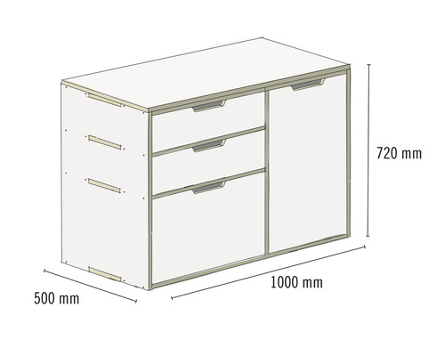 Armoire avec trois tiroirs et une porte, dimensions 1000 x 500 x 720 millimètres