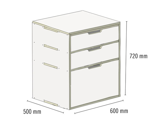 Schrank mit drei Schubladen und den Maßen 500 mm x 600 mm x 720 mm.