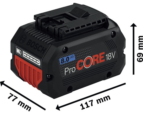 Batterie Bosch ProCore 18V 8.0 Ah avec les dimensions 77 mm x 117 mm x 69 mm