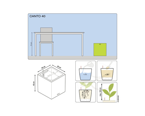 Diagramm der Canto 40 Pflanzgefäß Abmessungen und Füllmengen