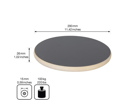 Plateau tournant mesurant 290 mm de diamètre, 26 mm de hauteur et supportant une charge maximale de 100 kg.